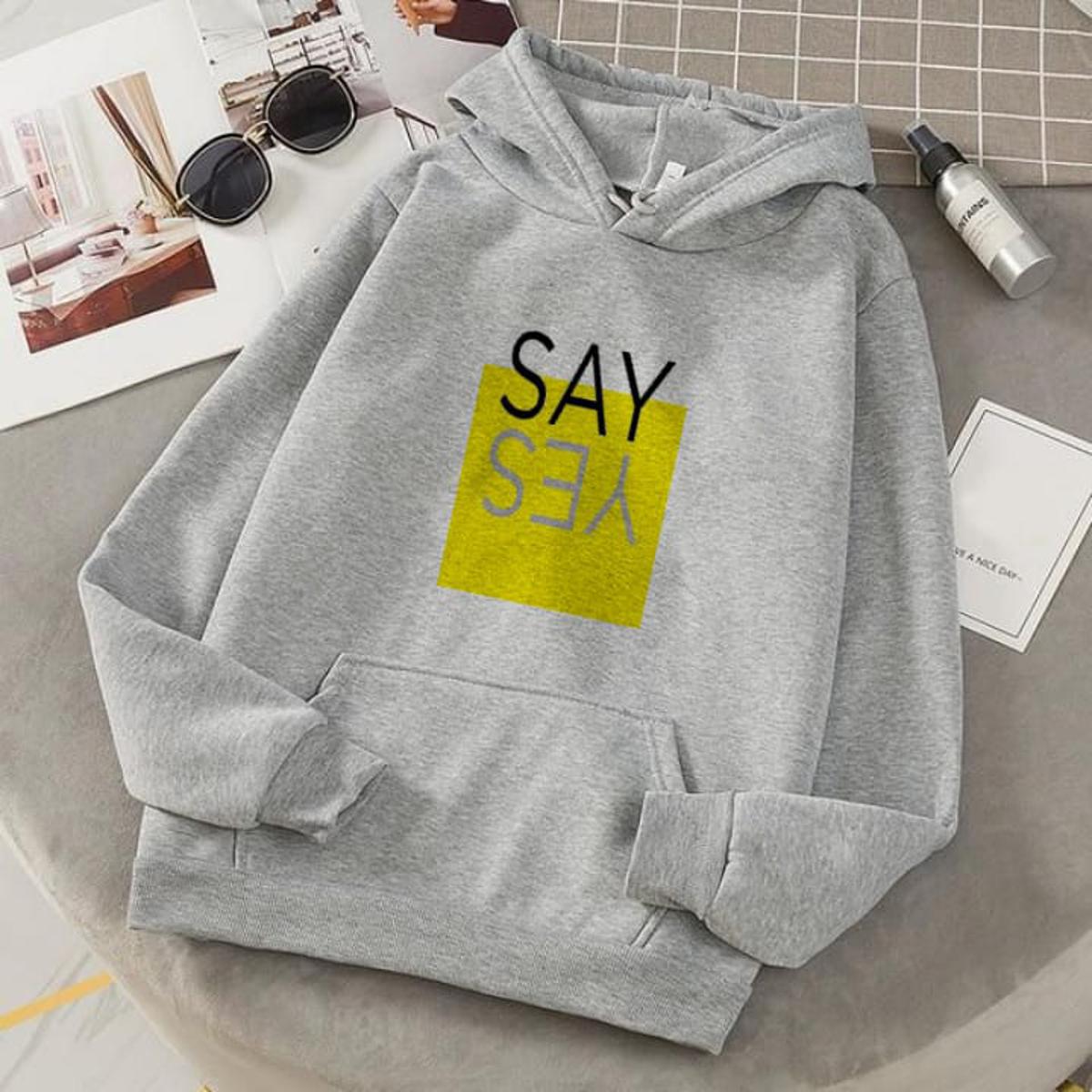 Say Yes Grey Fleece Full Sleeves Pull Over Hoodie For Women - DENIMS - Hoodies & Sweatshirts - 
