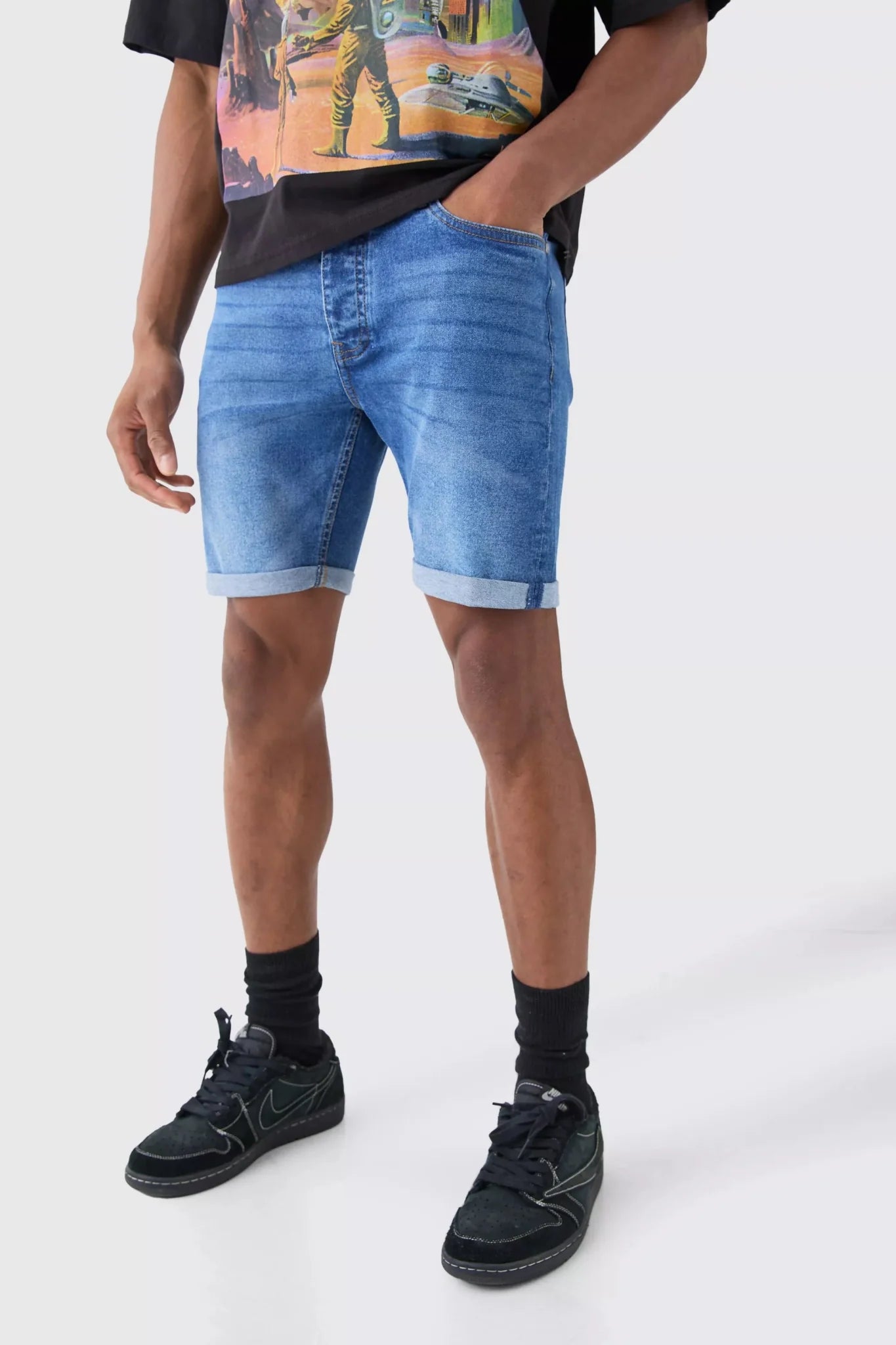 Skinny Stretch Denim Shorts In Mid Blue - DENIMS - Shorts - 