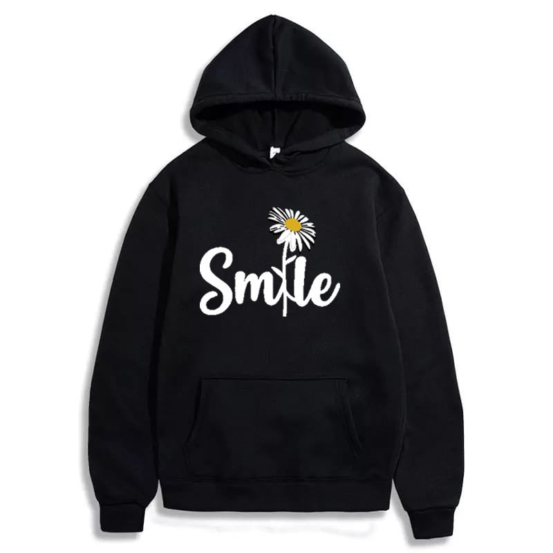 Smile Printed Fleece Full Sleeves Pull Over Hoodie For Women - DENIMS - Hoodies & Sweatshirts - 