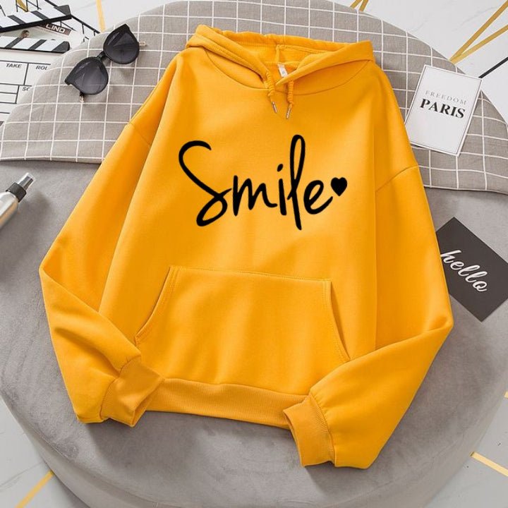 Smile Yellow Fleece Full Sleeves Pull Over Hoodie For Women - DENIMS - Hoodies & Sweatshirts - 