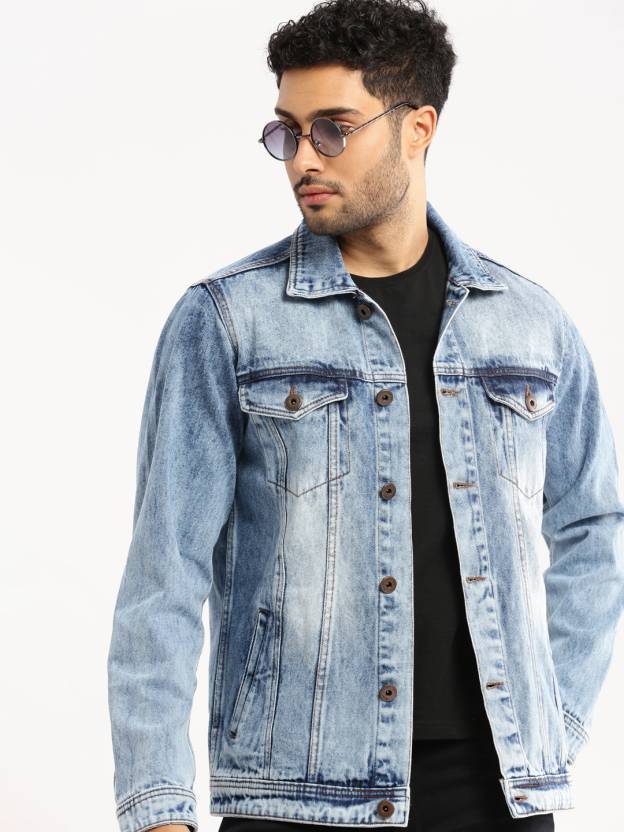 Men's Distressed Light Blue Denim Jacket Stretchable