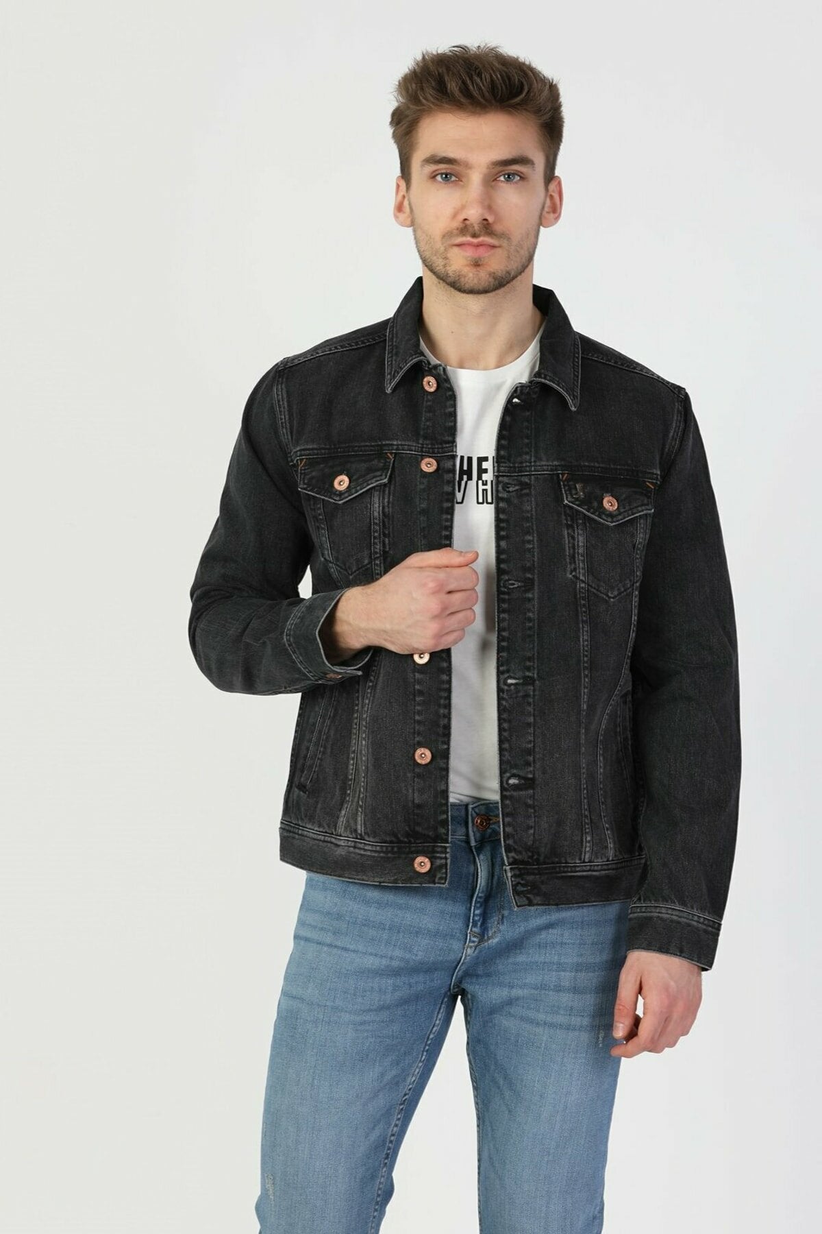 Mens Denim Jacket Stretchable Fine Lycra L Black