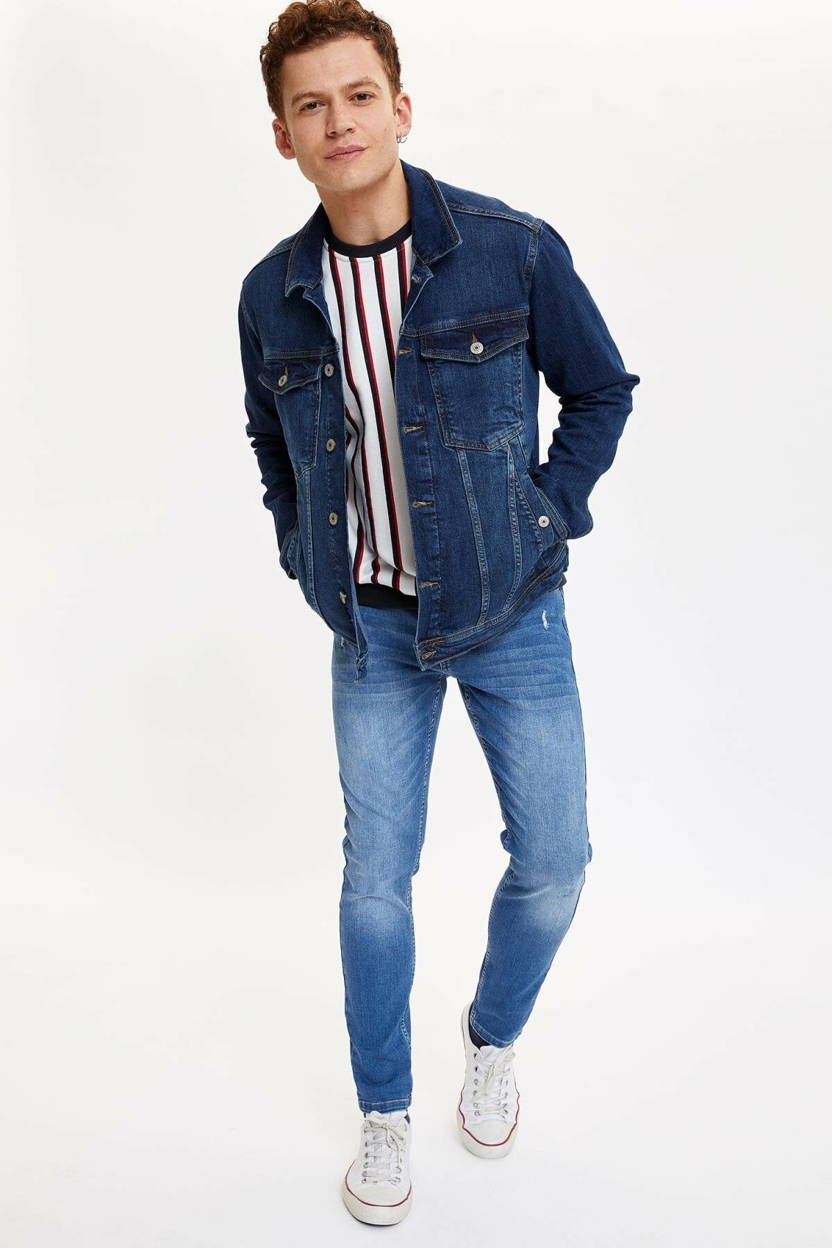 Mens Denim Jacket Stretchable Fine Lycra L Blue