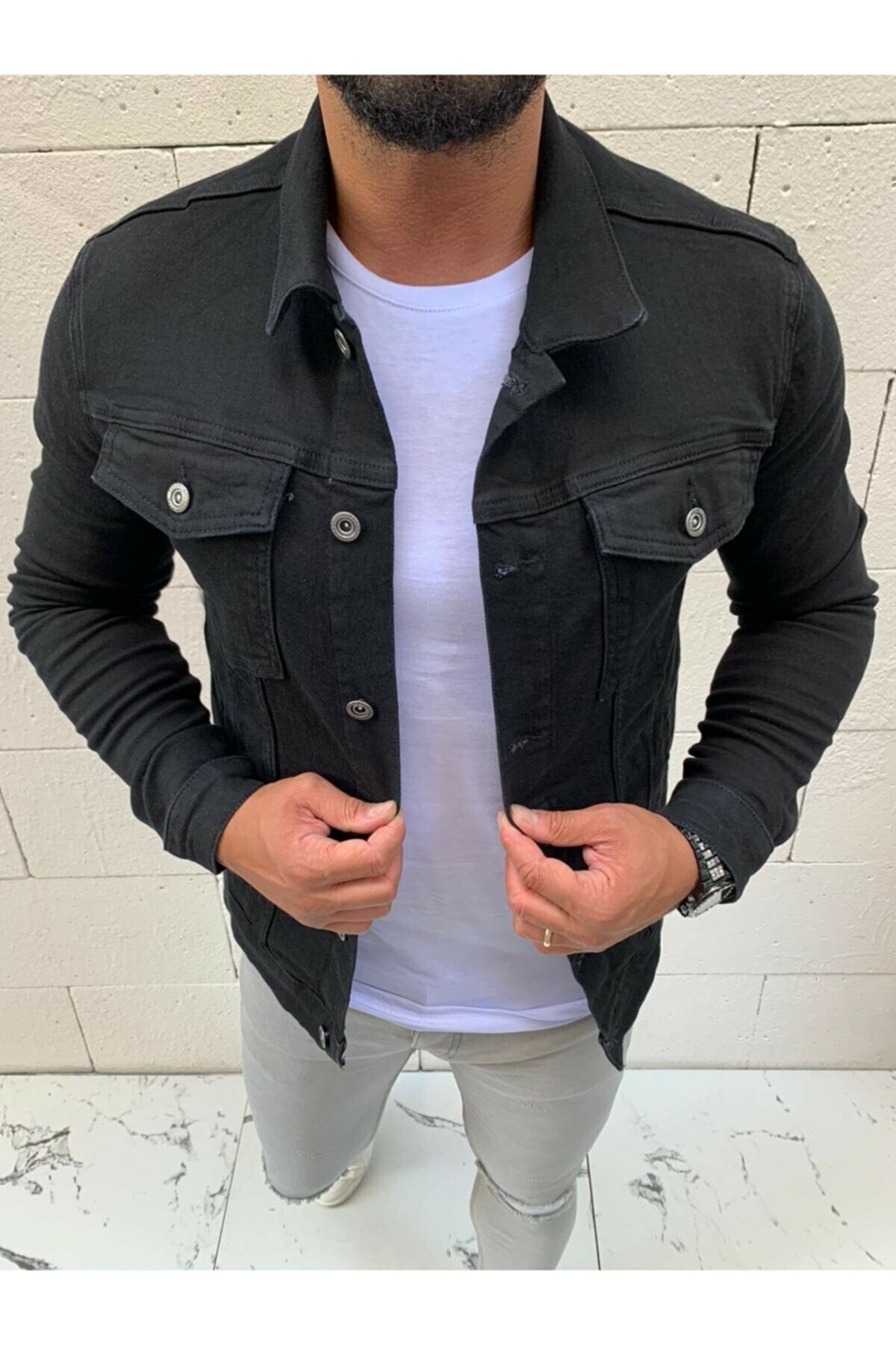 Mens Denim Jacket Stretchable Fine Lycra L Black