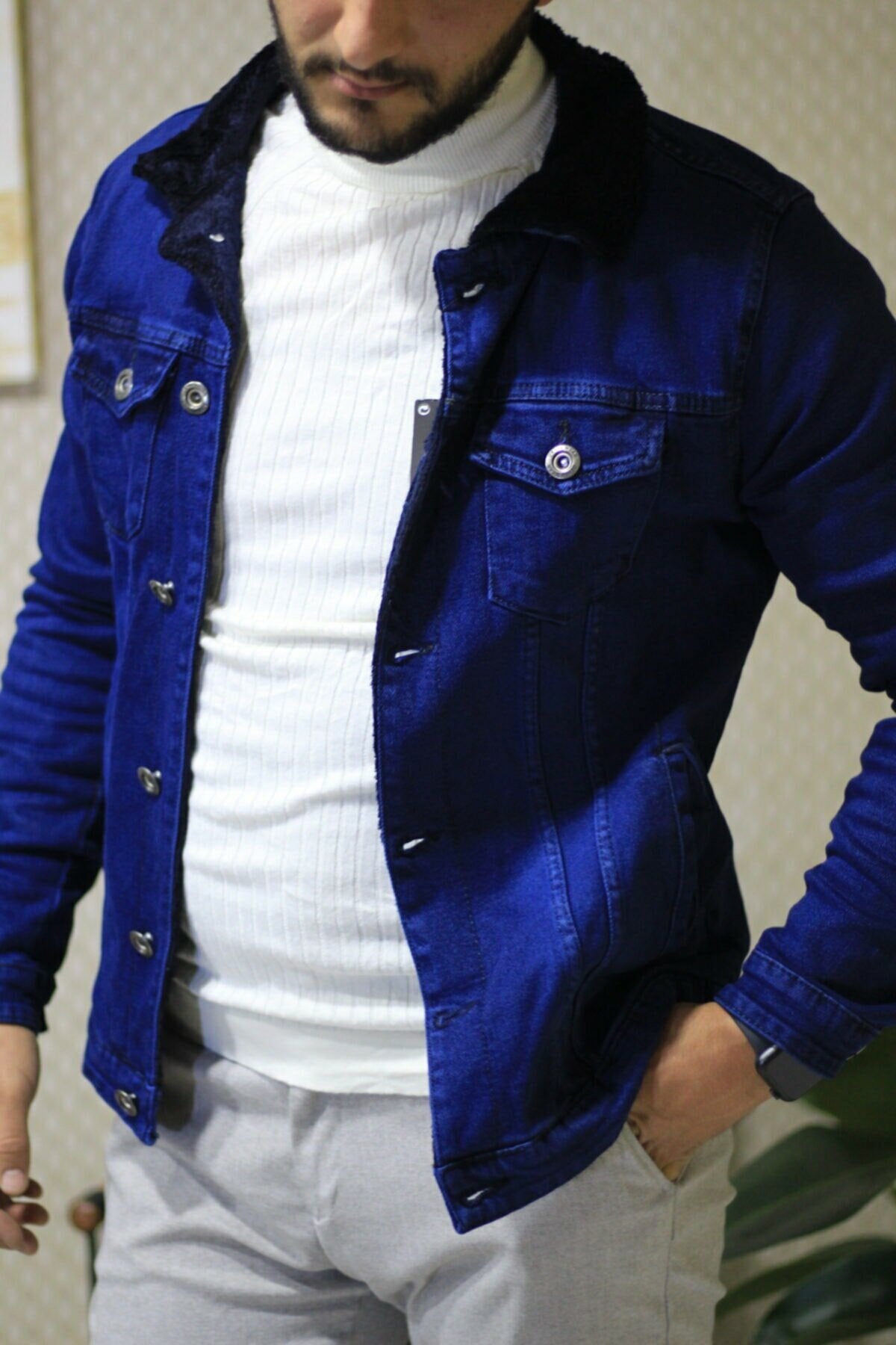 Mens Denim Jacket Stretchable Fine Lycra S Blue