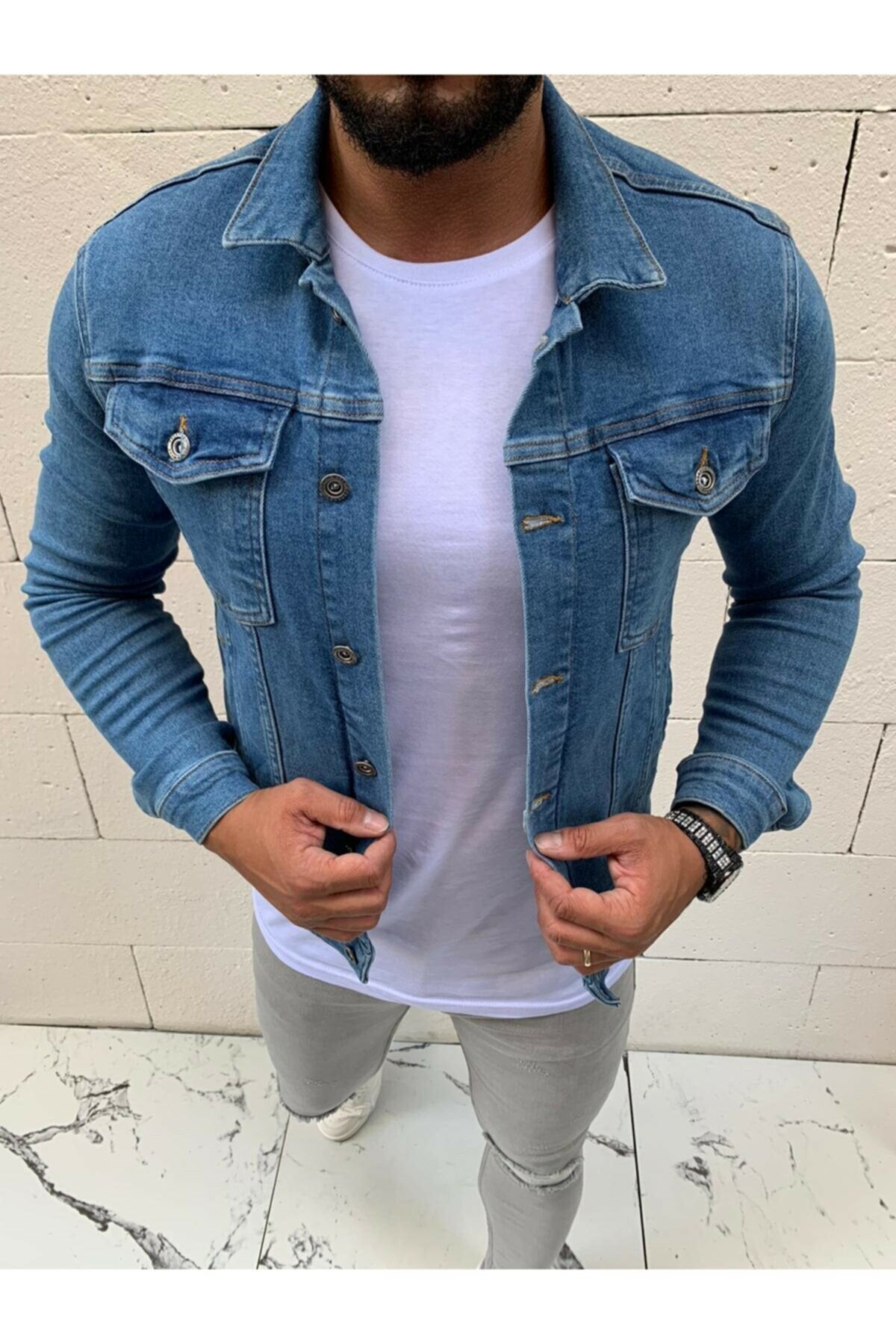 Mens Denim Jacket Stretchable Fine Lycra L Blue