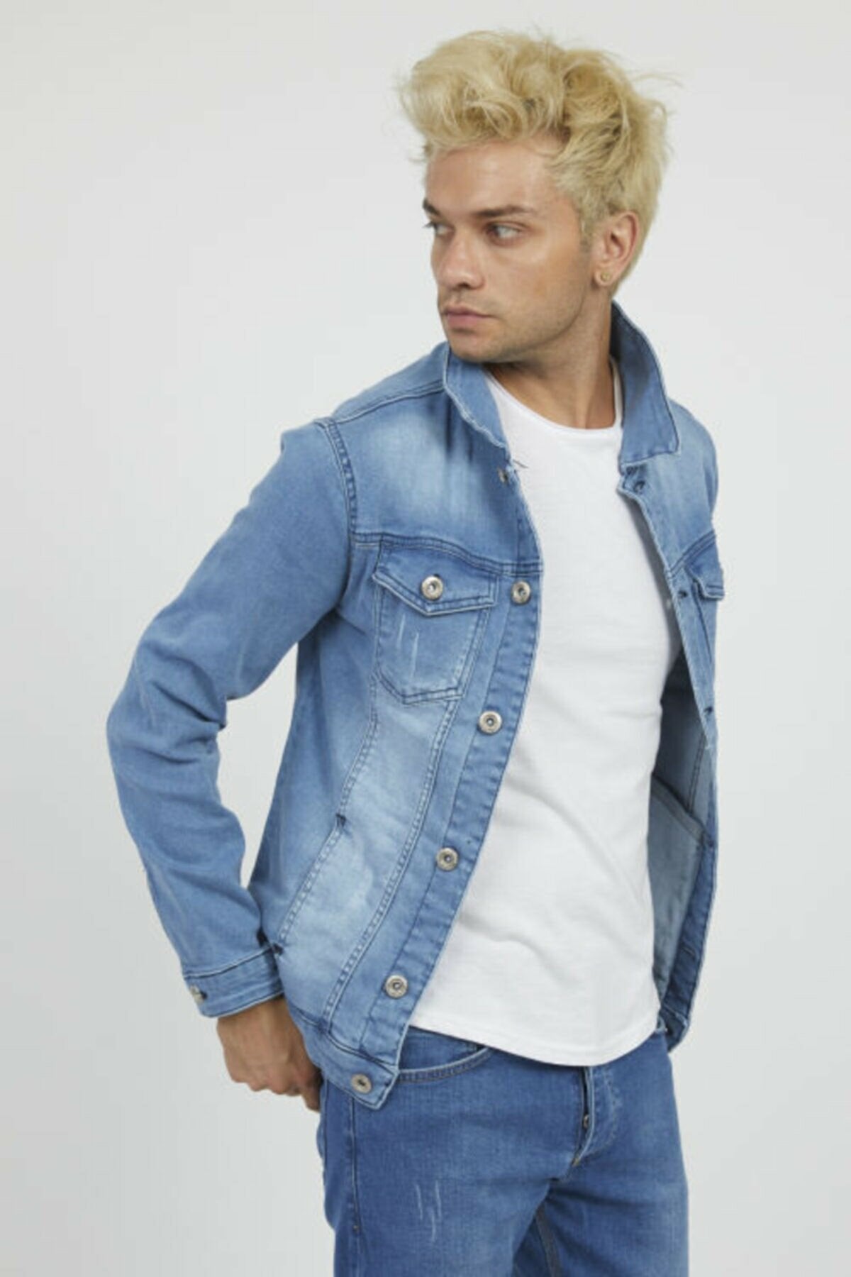 Mens Denim Jacket Stretchable Fine Lycra L Blue