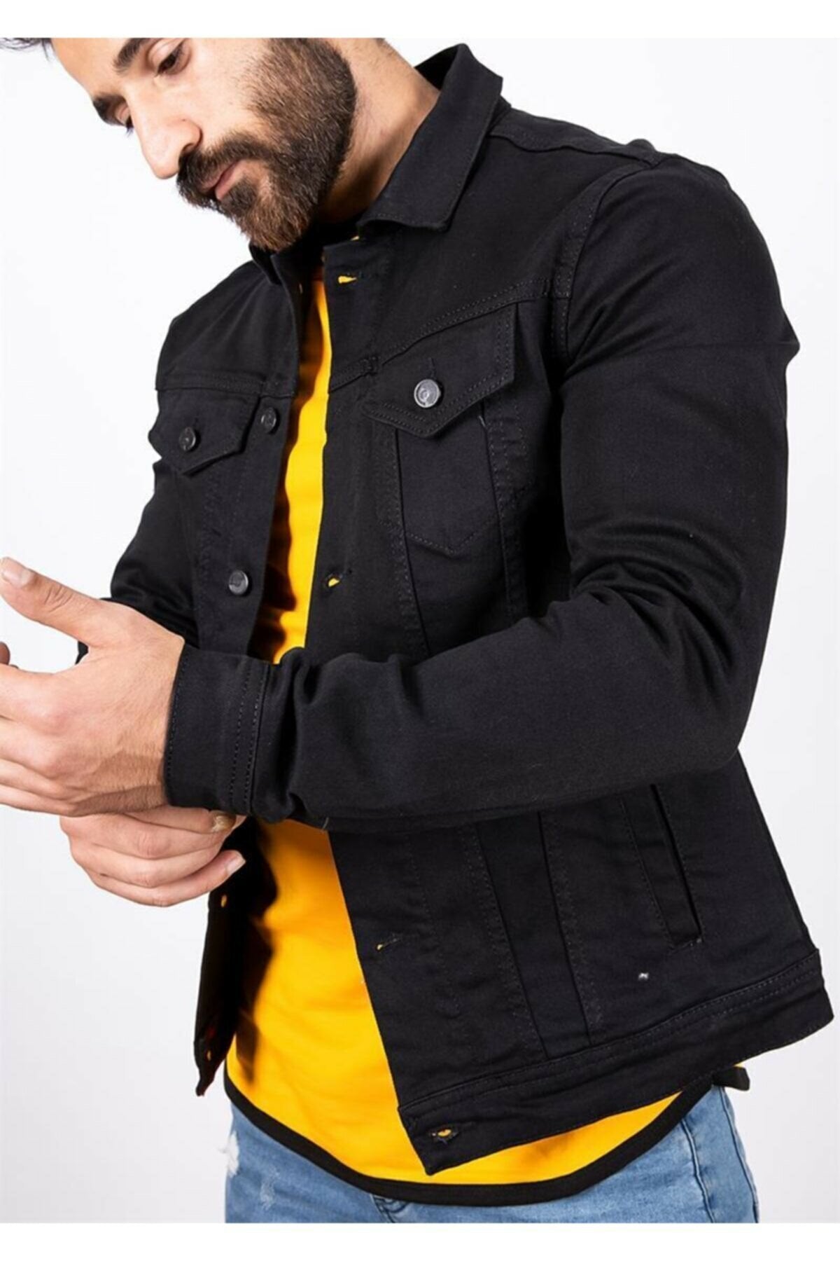 Mens Denim Jacket Stretchable Fine Lycra S Black