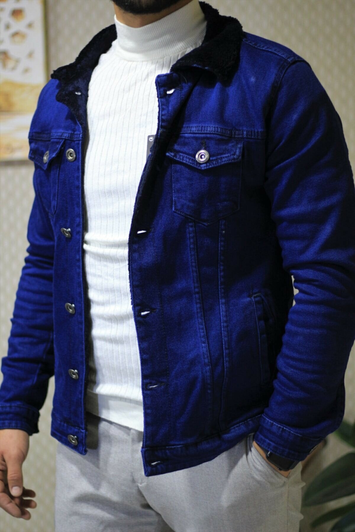 Mens Denim Jacket Stretchable Fine Lycra M Blue