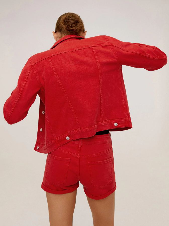 Women Red Solid Denim Jacket