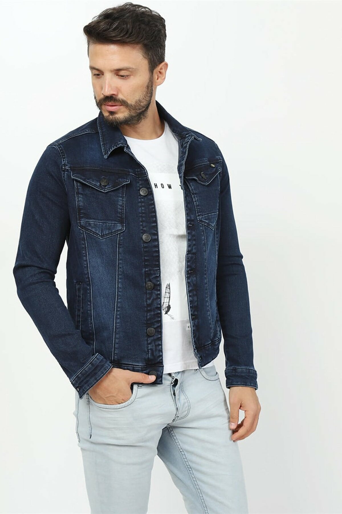 Mens Denim Jacket Stretchable Fine Lycra L Blue