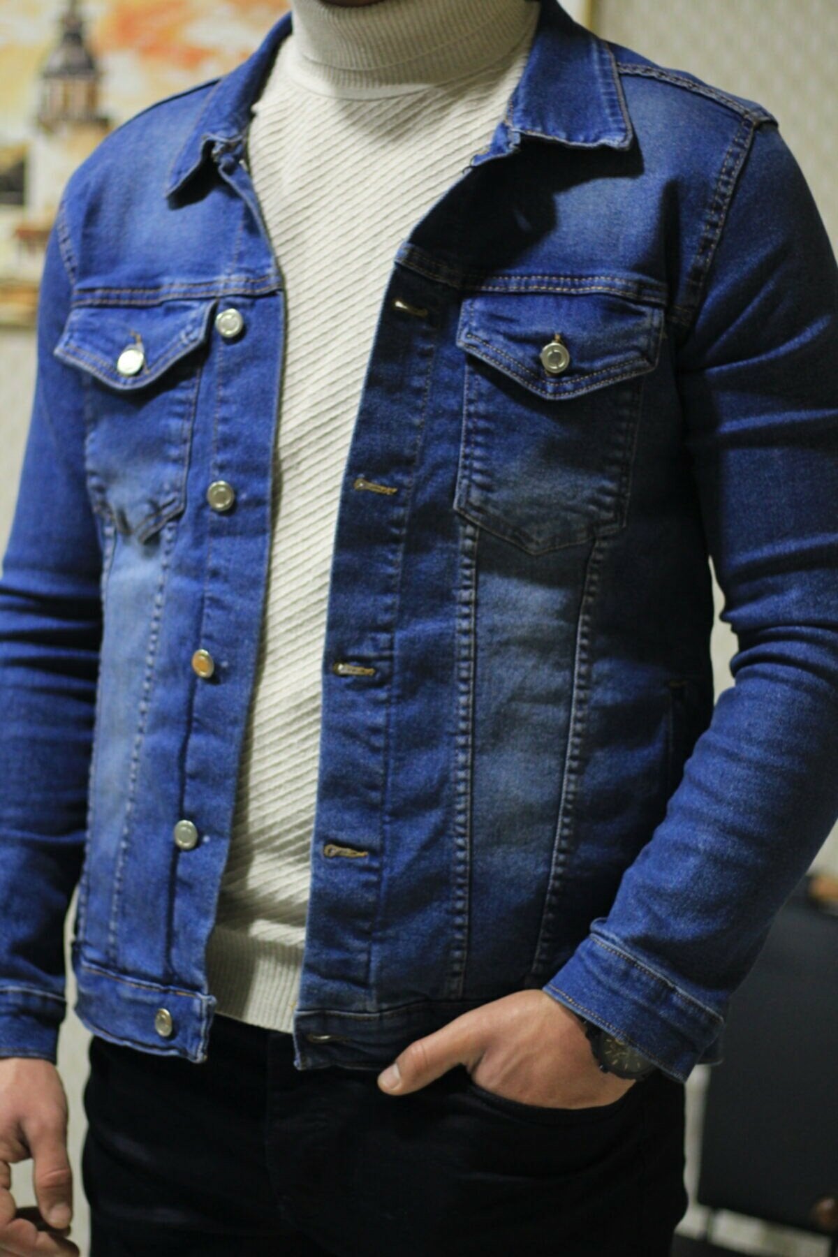 Mens Denim Jacket Stretchable Fine Lycra S Blue