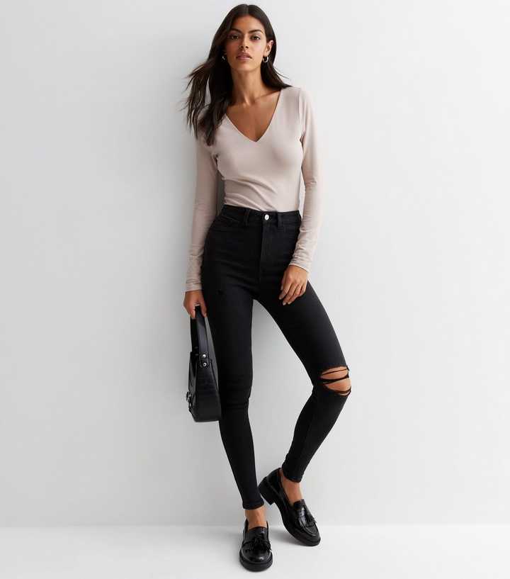 Black High Waist Ripped Knee Skinny Jeans