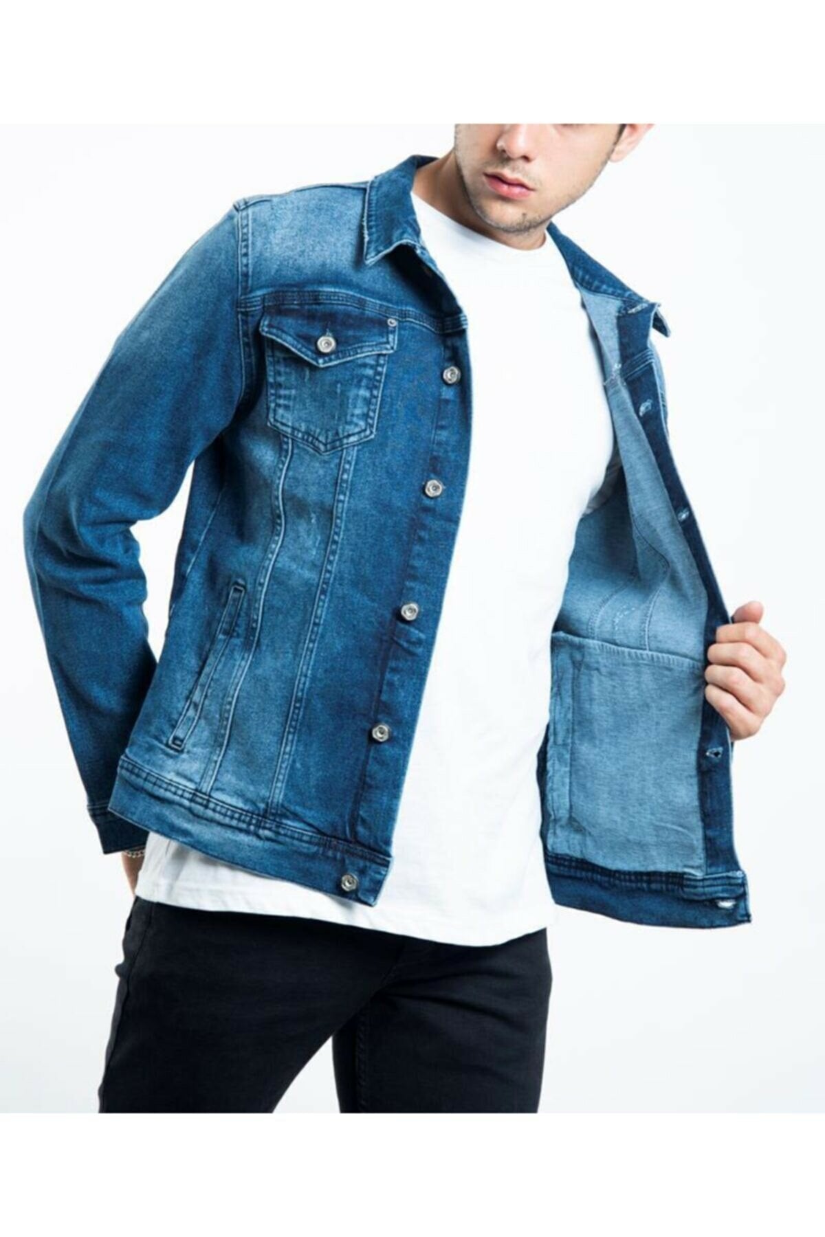 Mens Denim Jacket Stretchable Fine Lycra S Blue