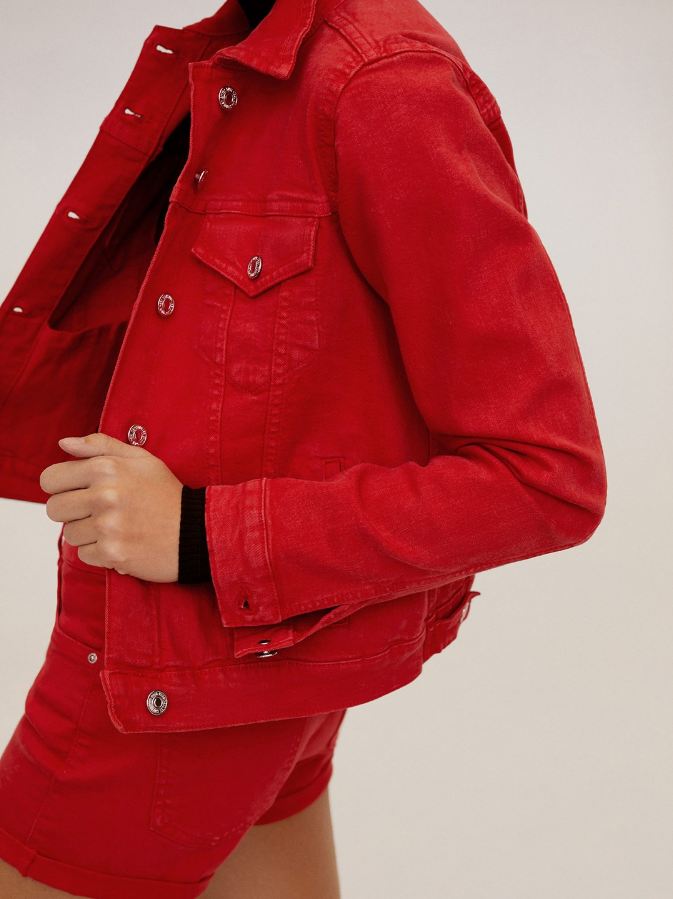 Women Red Solid Denim Jacket  - Front View - Available in Sizes XL