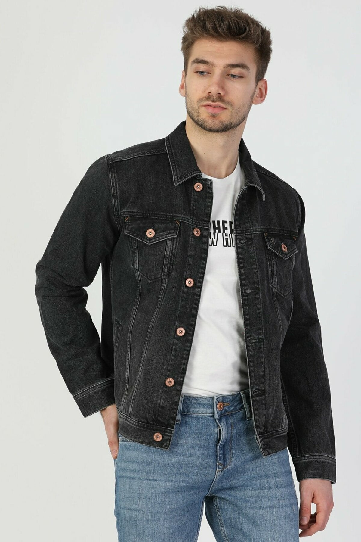 Mens Denim Jacket Stretchable Fine Lycra S Black